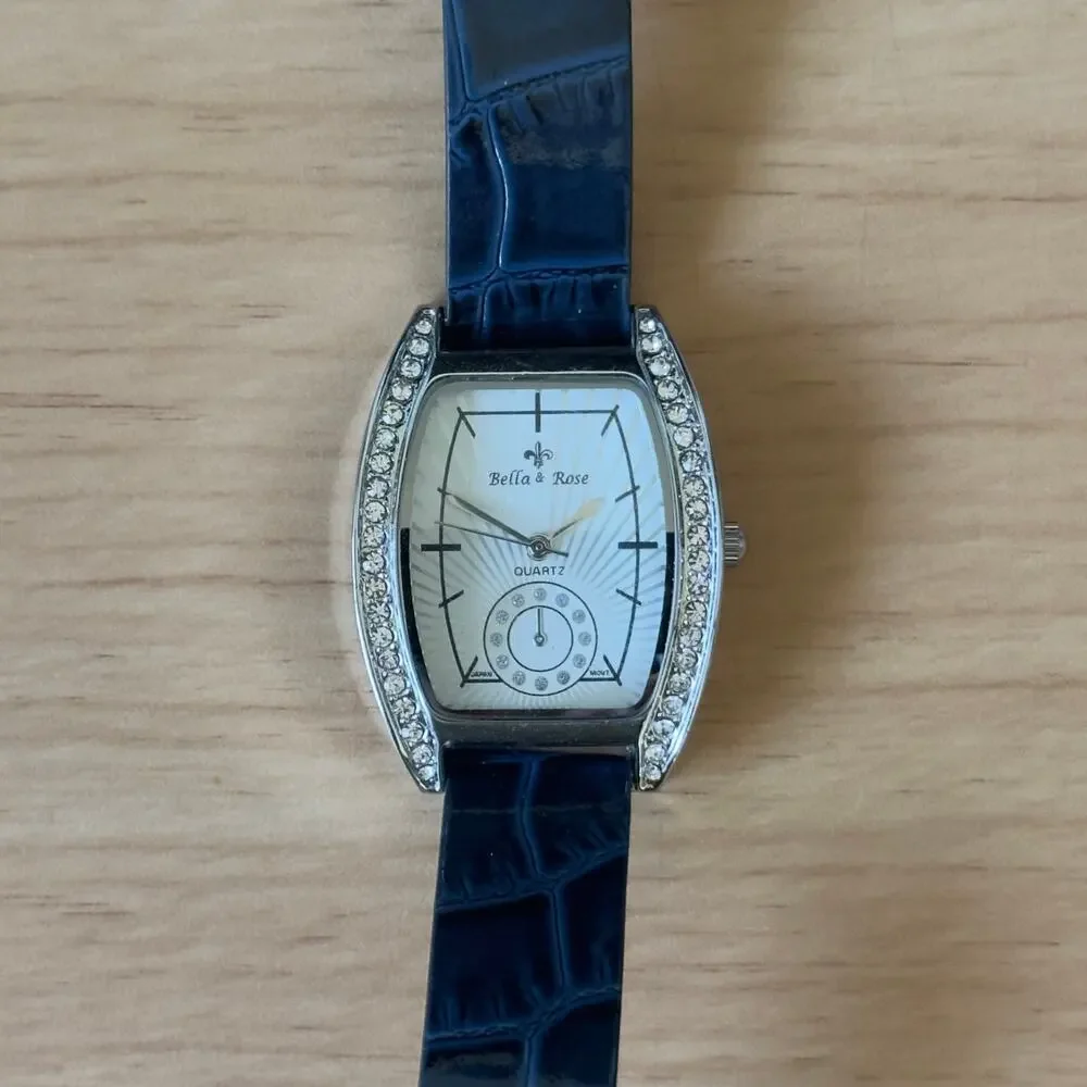 Bella & Rose Crystal Bezel Navy Leather Watch